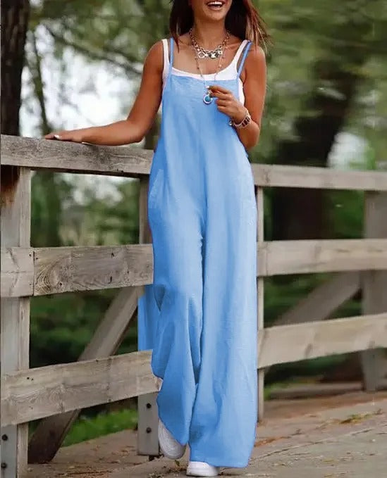 Wide Leg Bib Overall Jumpsuit — Sleeveless with Pockets 2