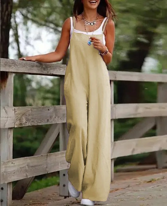Wide Leg Bib Overall Jumpsuit — Sleeveless with Pockets 3