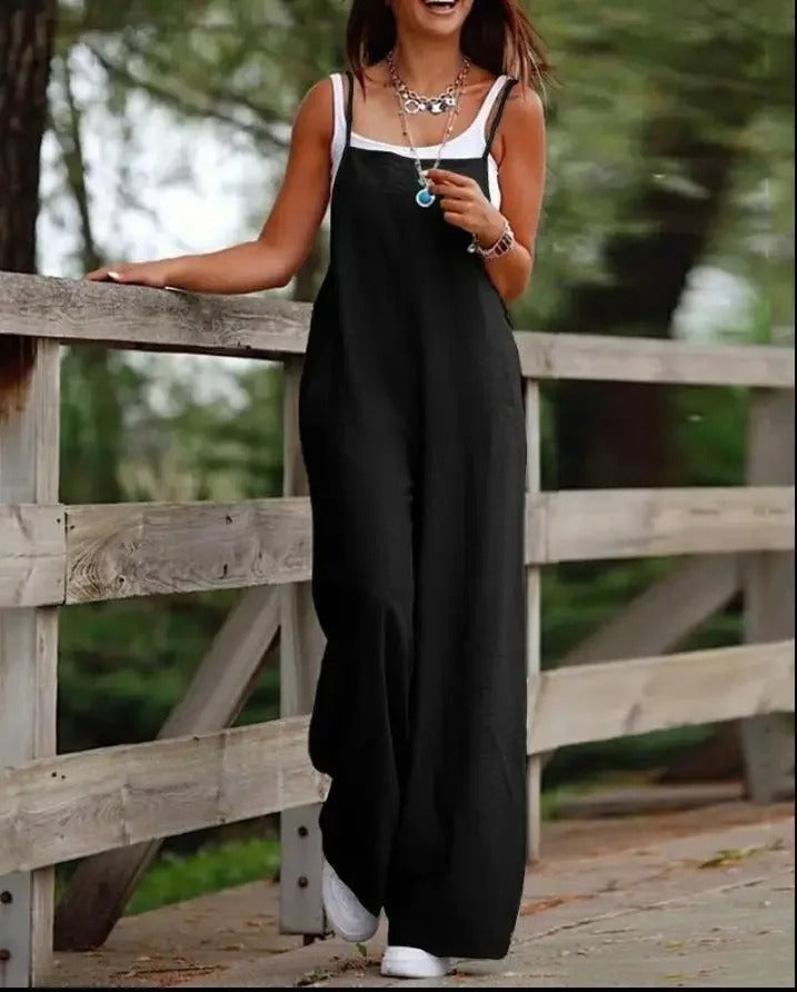 Wide Leg Bib Overall Jumpsuit — Sleeveless with Pockets 8