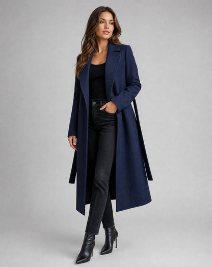 Women's Belted Wool-Blend Long-Line Trench Coat — Navy 2