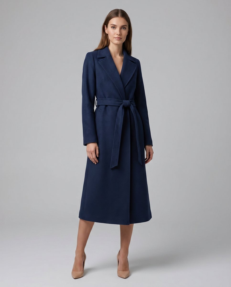 Women's Belted Wool-Blend Long-Line Trench Coat — Navy 3