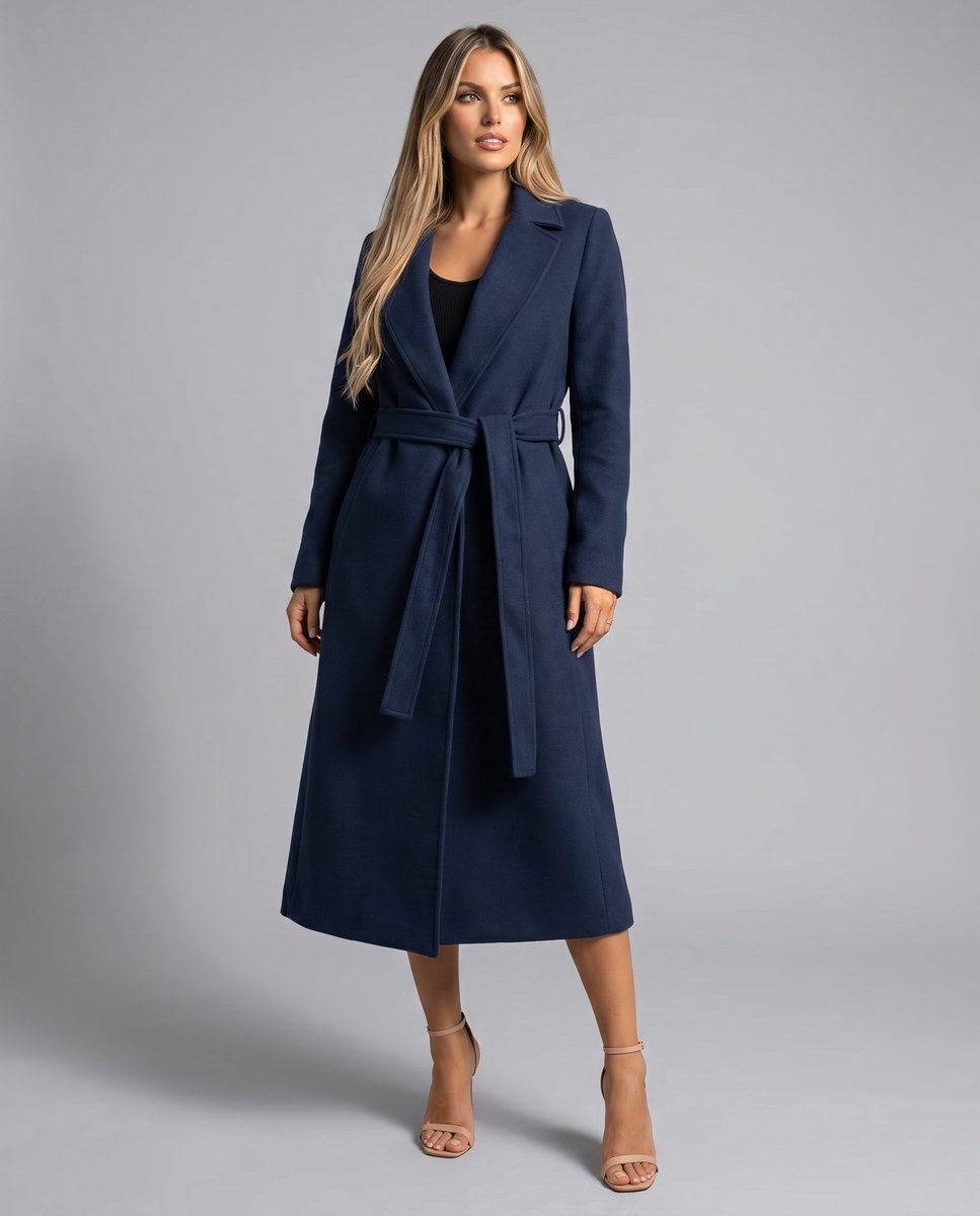 Women's Belted Wool-Blend Long-Line Trench Coat — Navy 4
