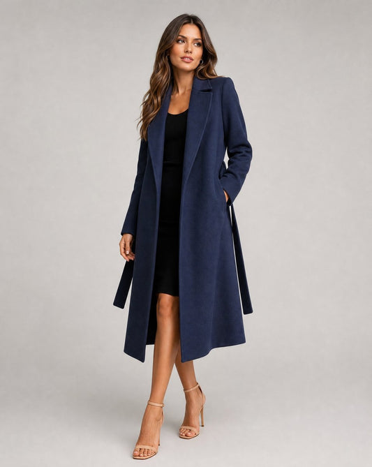 Women's Belted Wool-Blend Long-Line Trench Coat — Navy 1