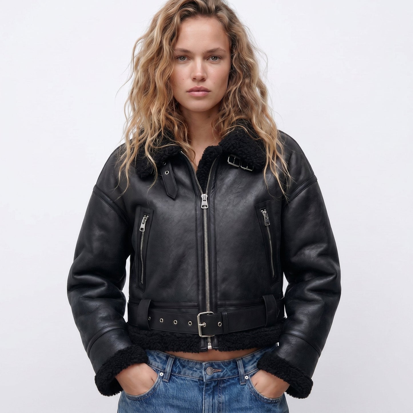 Women's Double-Sided Shearling Bomber Jacket — Reversible 3