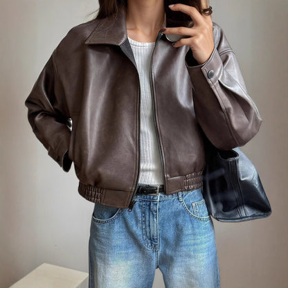 Women's Faux Leather Bomber Jacket — Zip-Up Dark Brown 2