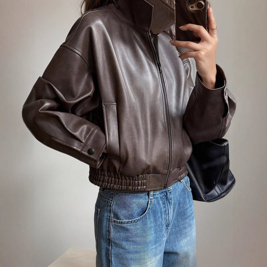 Women's Faux Leather Bomber Jacket — Zip-Up Dark Brown 1