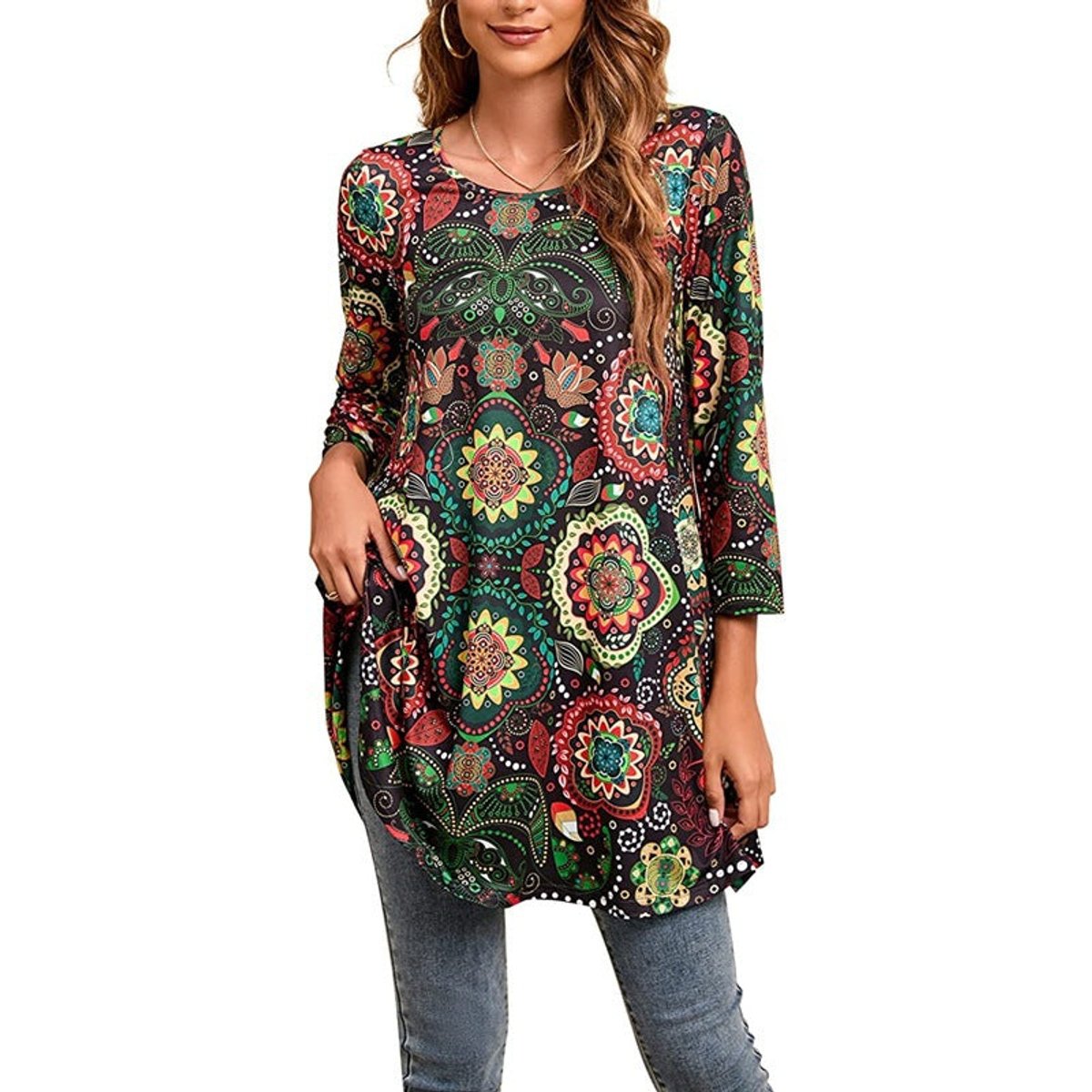 Women's Mandala Print Tunic Top — 3/4 Sleeve A-Line Fit 10