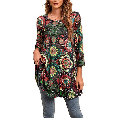 Women's Mandala Print Tunic Top — 3/4 Sleeve A-Line Fit 10