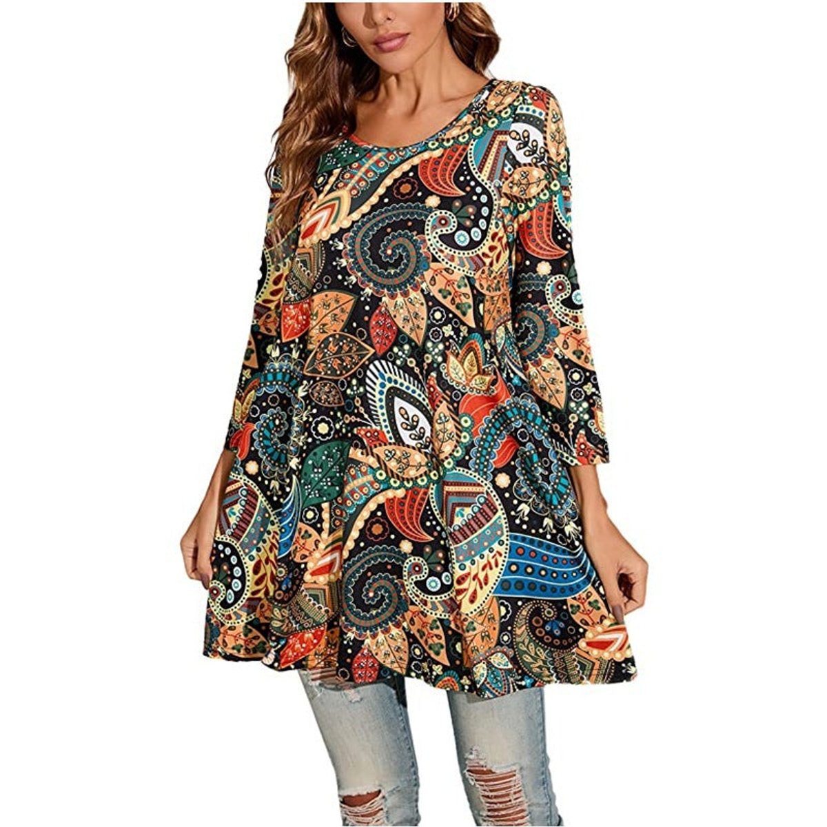 Women's Mandala Print Tunic Top — 3/4 Sleeve A-Line Fit 11