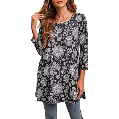 Women's Mandala Print Tunic Top — 3/4 Sleeve A-Line Fit 12