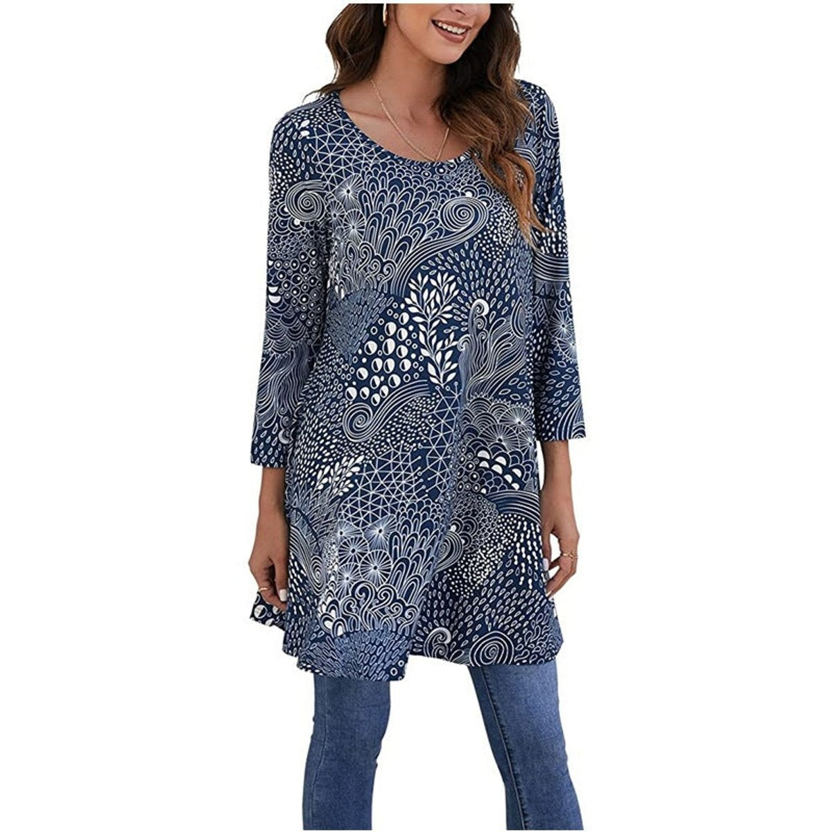 Women's Mandala Print Tunic Top — 3/4 Sleeve A-Line Fit 13