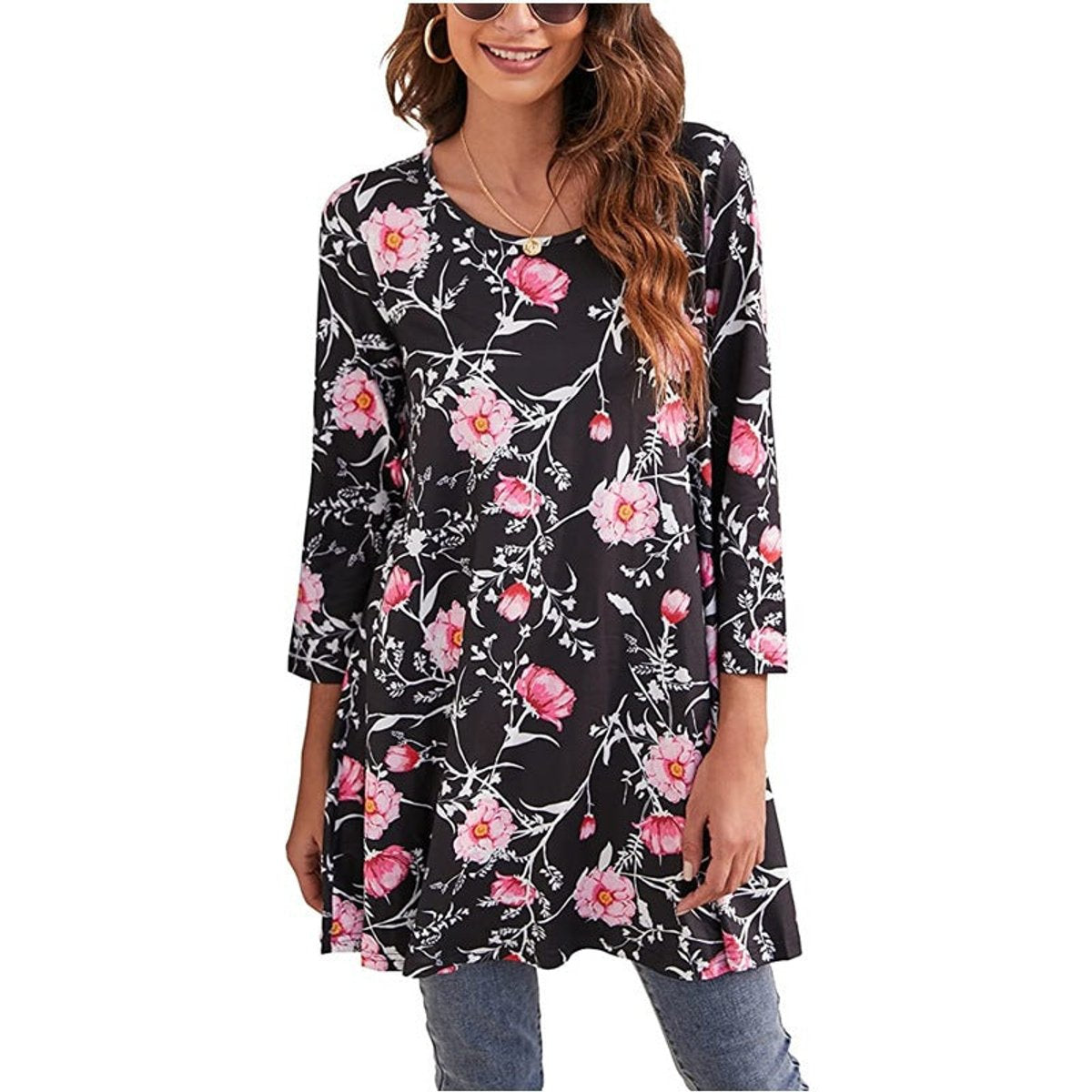 Women's Mandala Print Tunic Top — 3/4 Sleeve A-Line Fit 14