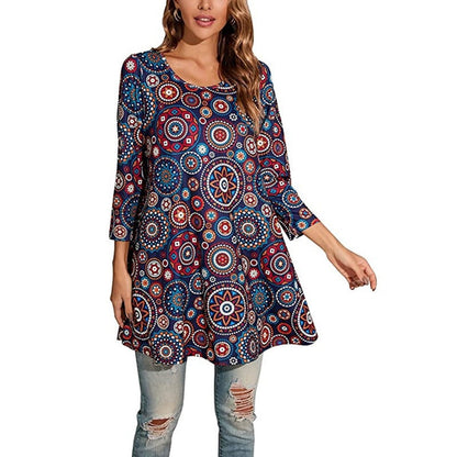 Women's Mandala Print Tunic Top — 3/4 Sleeve A-Line Fit 2