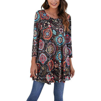 Women's Mandala Print Tunic Top — 3/4 Sleeve A-Line Fit 3