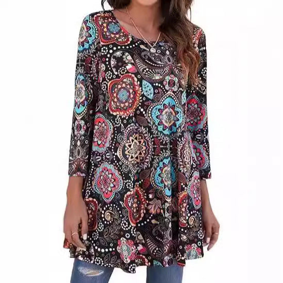 Women's Mandala Print Tunic Top — 3/4 Sleeve A-Line Fit 4