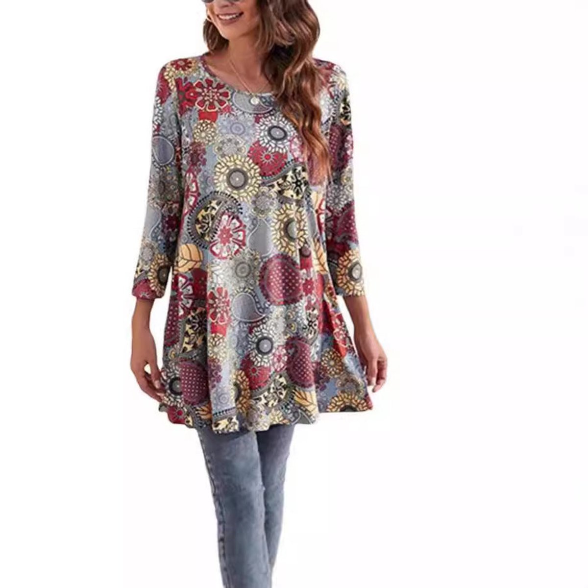 Women's Mandala Print Tunic Top — 3/4 Sleeve A-Line Fit 5