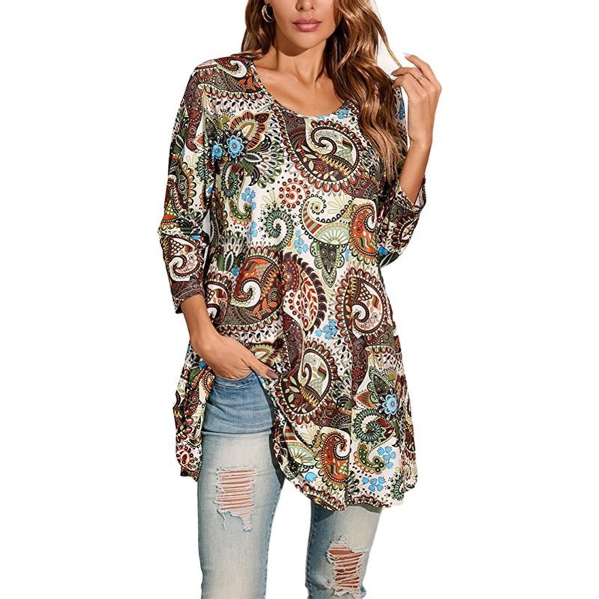 Women's Mandala Print Tunic Top — 3/4 Sleeve A-Line Fit 7