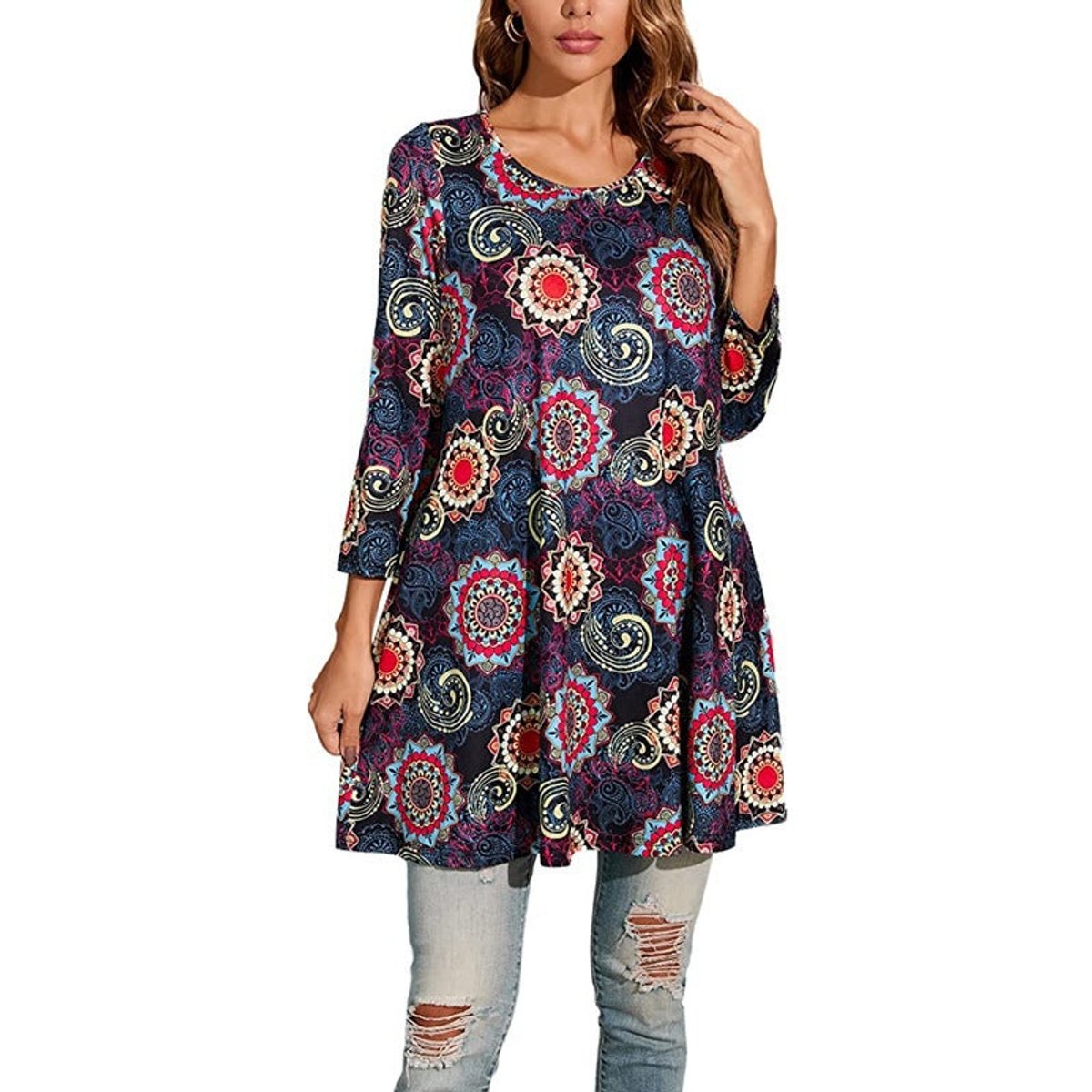 Women's Mandala Print Tunic Top — 3/4 Sleeve A-Line Fit 9