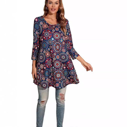 Women's Mandala Print Tunic Top — 3/4 Sleeve A-Line Fit 1