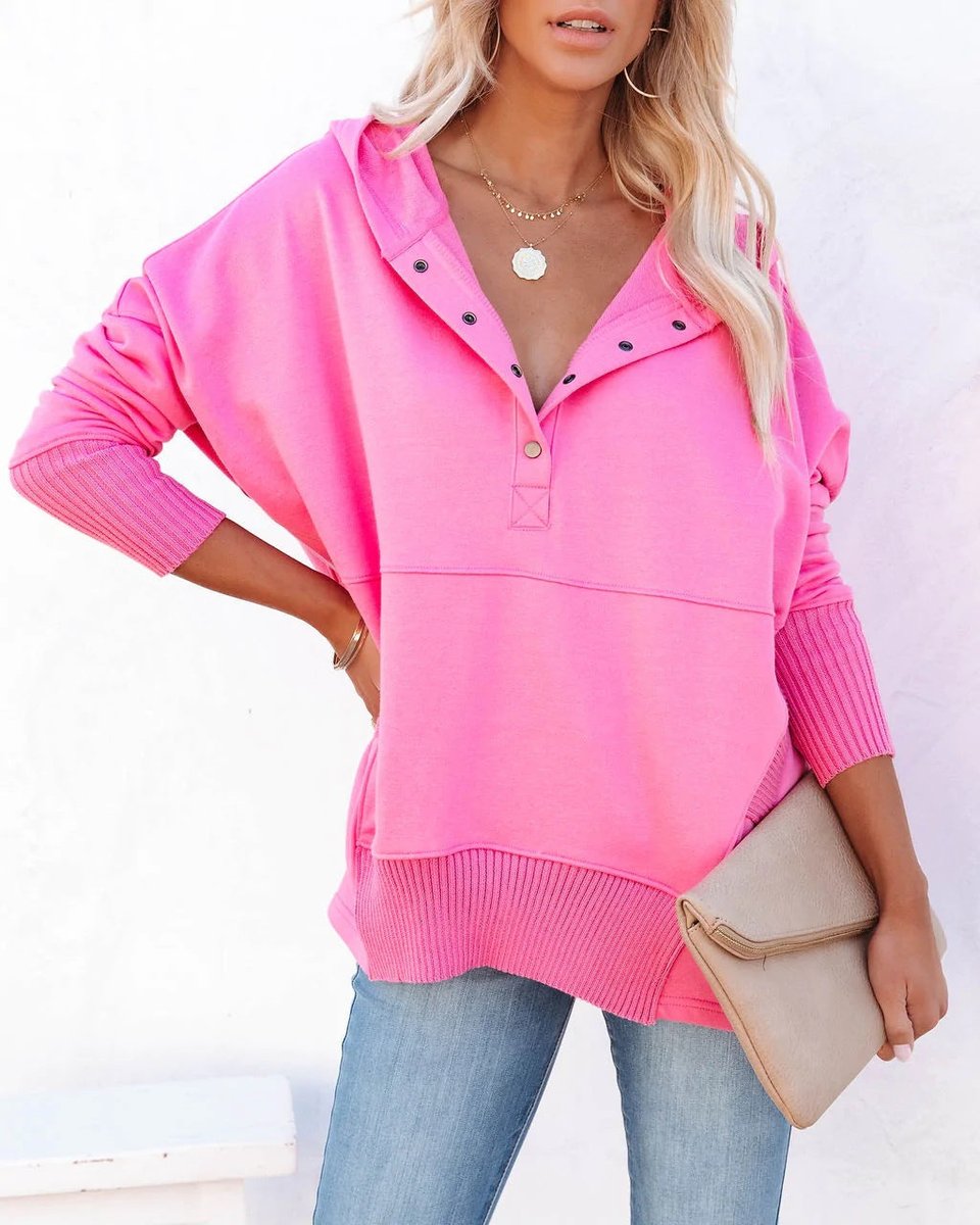 Women's Oversized Henley Pullover Hoodie — Snap Placket 16