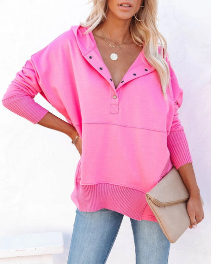 Women's Oversized Henley Pullover Hoodie — Snap Placket 16