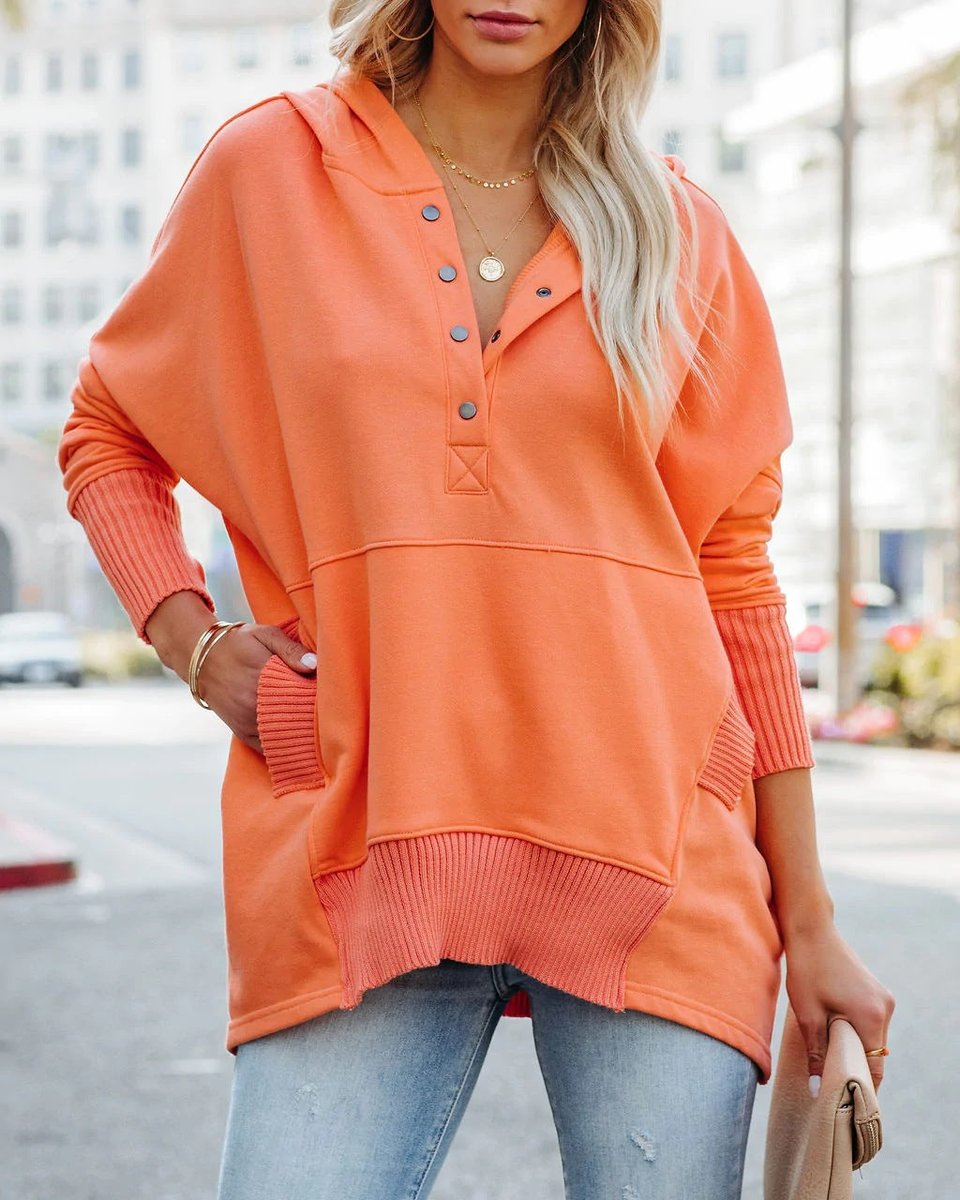 Women's Oversized Henley Pullover Hoodie — Snap Placket 17