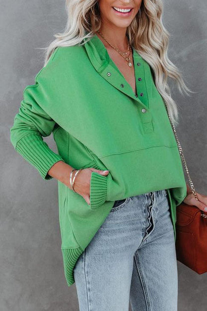 Women's Oversized Henley Pullover Hoodie — Snap Placket 4