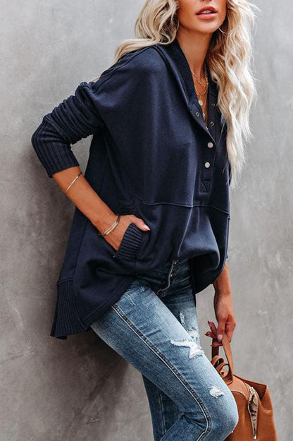 Women's Oversized Henley Pullover Hoodie — Snap Placket 7