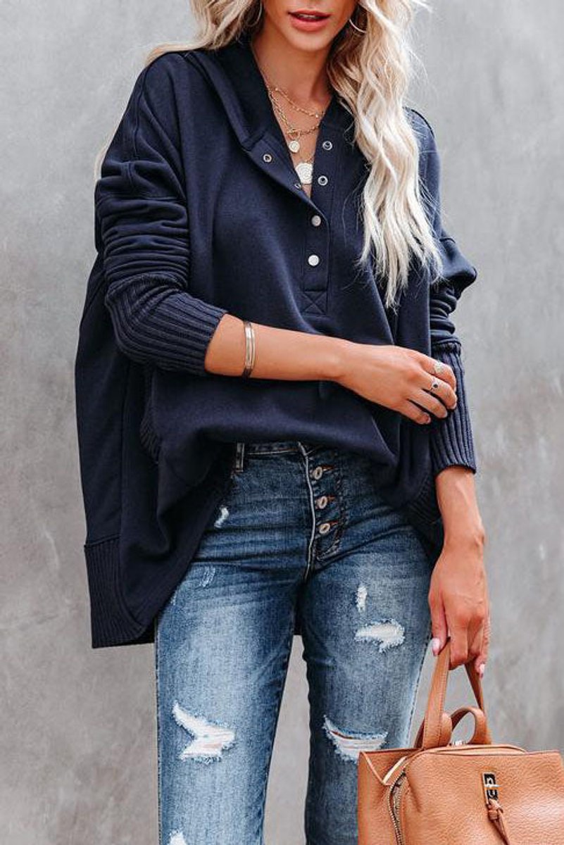 Women's Oversized Henley Pullover Hoodie — Snap Placket 8