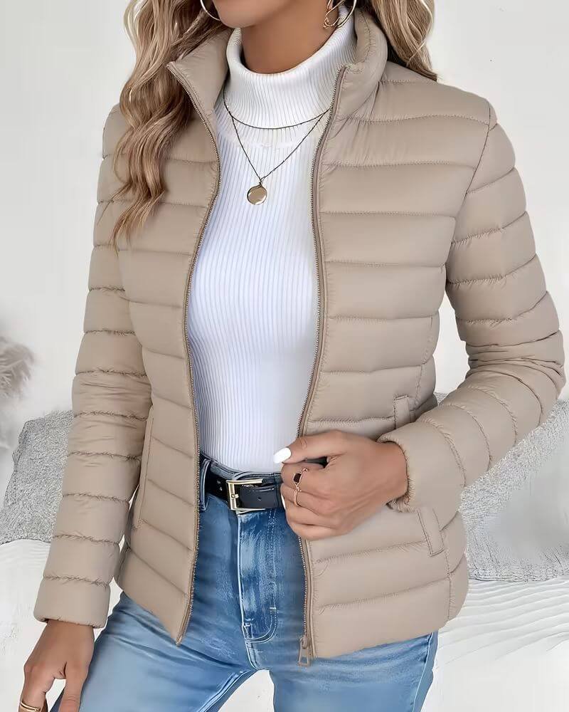 Women's Cropped Quilted Puffer Jacket — Stand Collar Fit 3