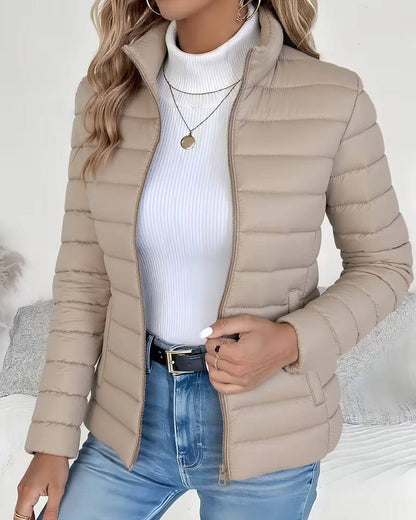 Women's Cropped Quilted Puffer Jacket — Stand Collar Fit 3