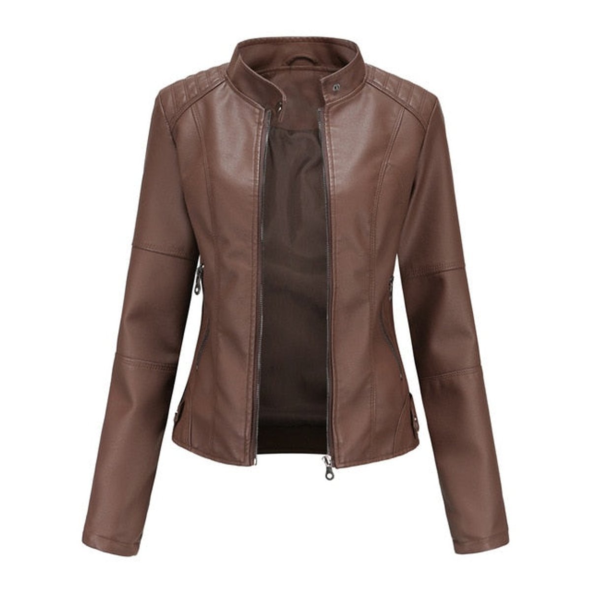 Women's Faux Leather Moto Jacket — Mock Neck Zip-Up 2