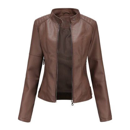 Women's Faux Leather Moto Jacket — Mock Neck Zip-Up 2