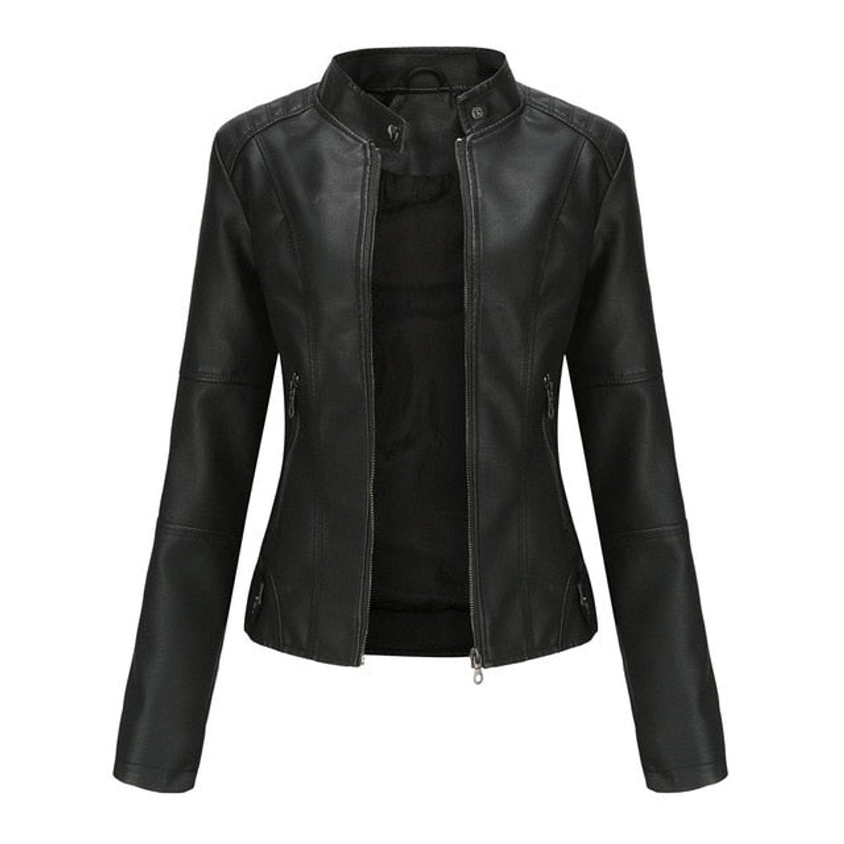 Women's Faux Leather Moto Jacket — Mock Neck Zip-Up 3