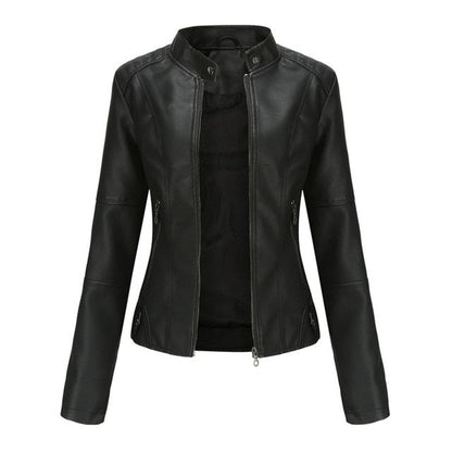 Women's Faux Leather Moto Jacket — Mock Neck Zip-Up 3