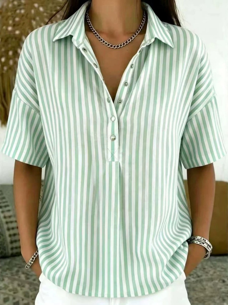 Women's Striped Collared Short Sleeve Blouse — Relaxed Fit 1