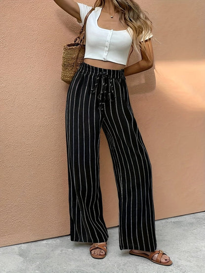 Women's Striped Wide Leg Drawstring Pants — Full Length 3