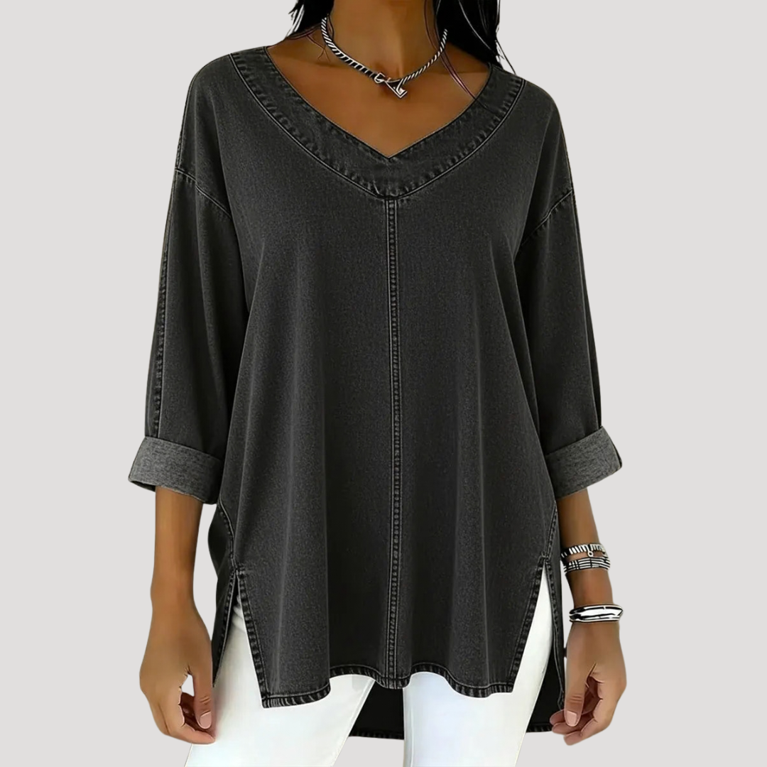 Women's V-Neck Relaxed Tunic Top — Long Sleeve with Rolled Cuffs 2