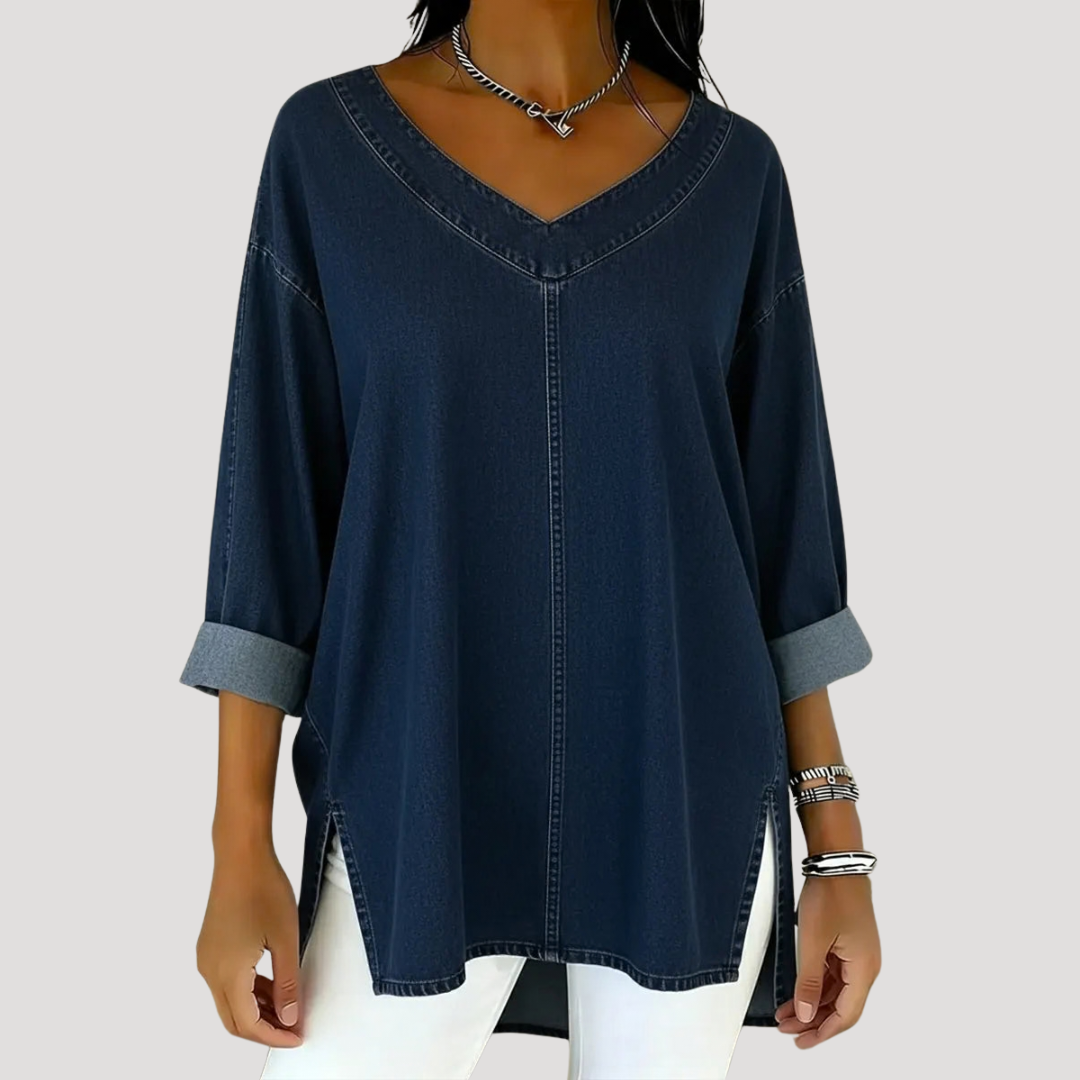 Women's V-Neck Relaxed Tunic Top — Long Sleeve with Rolled Cuffs 3