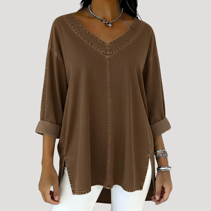 Women's V-Neck Relaxed Tunic Top — Long Sleeve with Rolled Cuffs 4