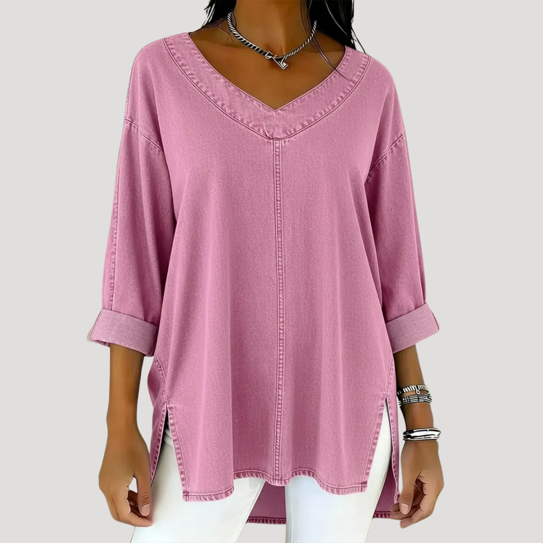 Women's V-Neck Relaxed Tunic Top — Long Sleeve with Rolled Cuffs 5