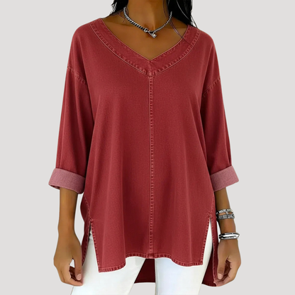 Women's V-Neck Relaxed Tunic Top — Long Sleeve with Rolled Cuffs 6