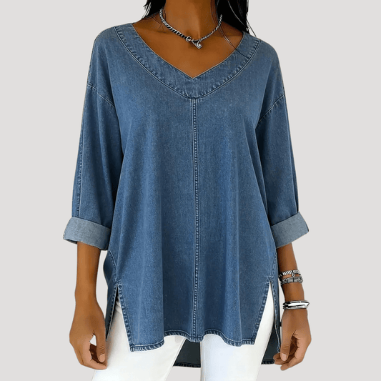 Women's V-Neck Relaxed Tunic Top — Long Sleeve with Rolled Cuffs 1