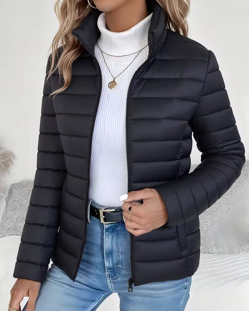 Women's Cropped Quilted Puffer Jacket — Stand Collar Fit 2