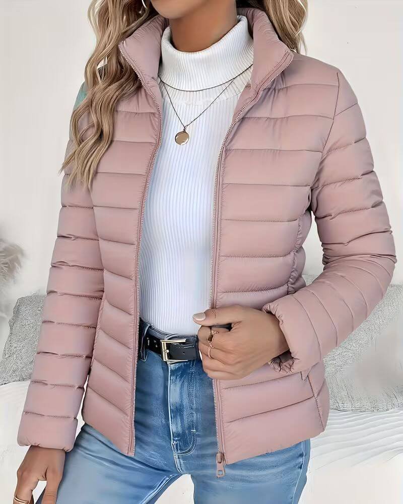 Women's Cropped Quilted Puffer Jacket — Stand Collar Fit 4