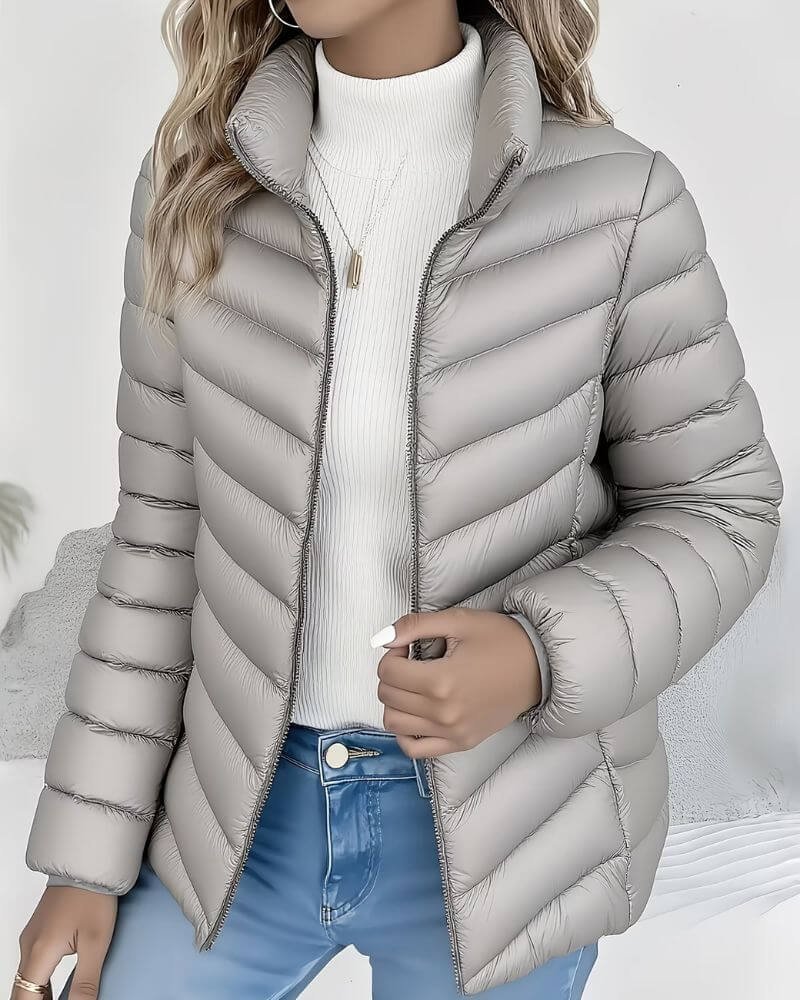 Women's Cropped Quilted Puffer Jacket — Stand Collar Fit 6