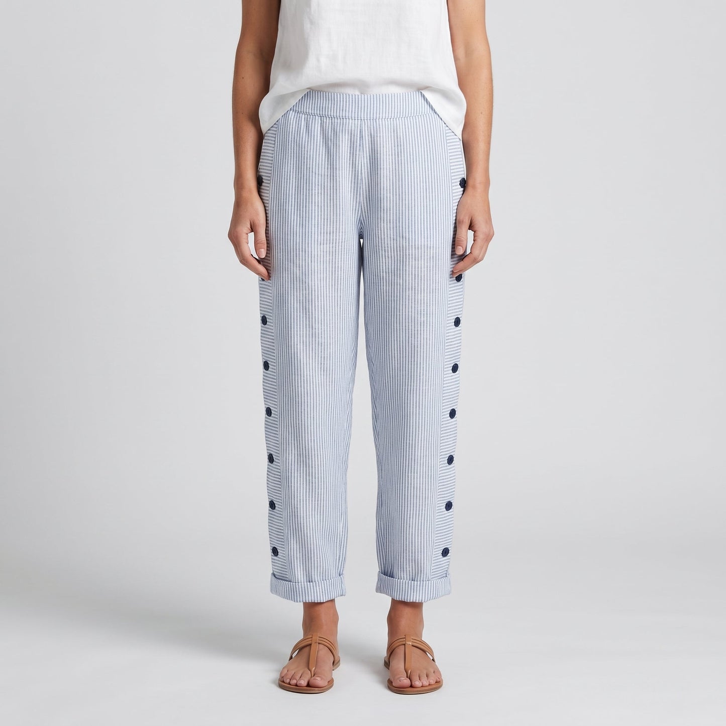 Women's Striped Trousers with Side Button Panel & Turn-Up Cuff 2