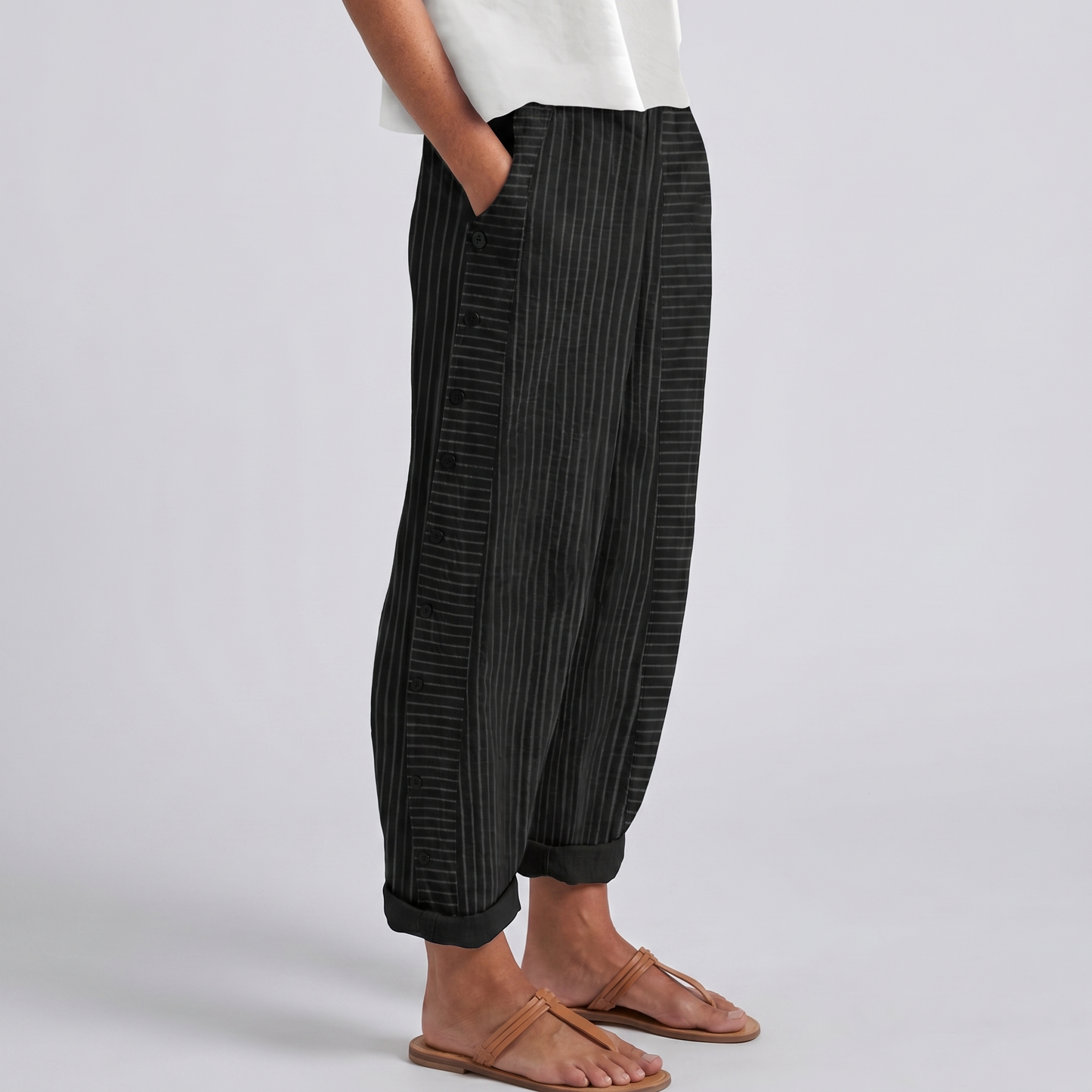 Women's Striped Trousers with Side Button Panel & Turn-Up Cuff 3
