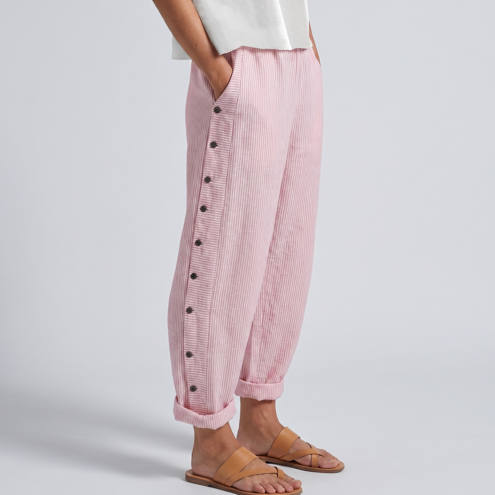 Women's Striped Trousers with Side Button Panel & Turn-Up Cuff 5